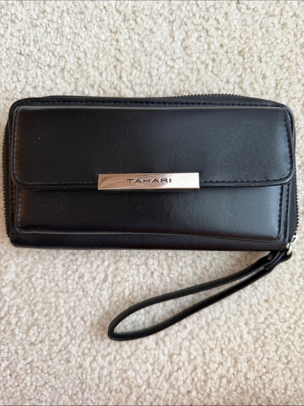 Tahari Black Leather Wristlet with Silver Logo Plaque